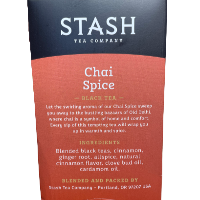 Side view of the STASH Tea Box. Chai Spice Black Tea. Ingredients: Blended black teas, cinnamon, ginger root, allspice, natural cinnamon flavor, clove bud oil, cardamon oil.