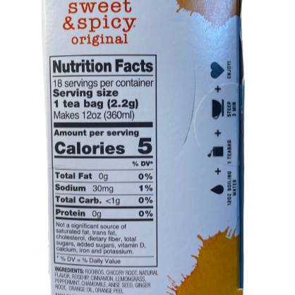 Side view of a box of Good Earth Sweet & Spicy tea. Nutrition Facts & Ingredients are listed.